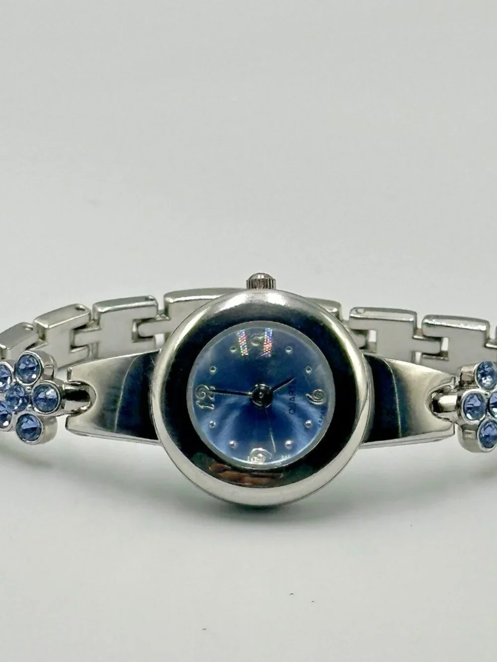 3/$30 Blue Rhinestone Watch Women Silver Tone Cuff Bangle Bracelet New Battery